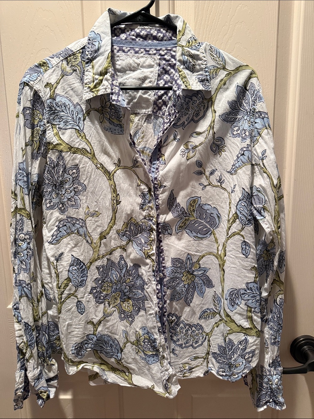 Light Blue and Green Floral Button-Down Shirt - Women’s Cotton Blend